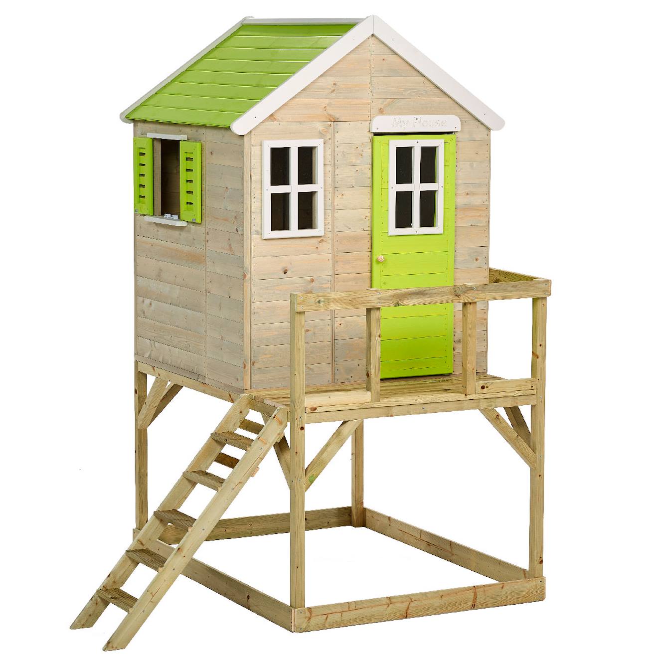 Maison De Jardin Enfant Extérieur - Cabane En Bois Avec Plateforme - Toit Étanche - Vert Et Blanc Multi-couleurs