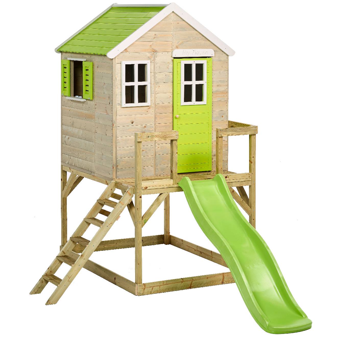 Maison De Jardin Enfant Extérieur - Cabane En Bois Avec Plateforme Et Toboggan - Toit Étanche - Vert Et Blanc Multi-couleurs