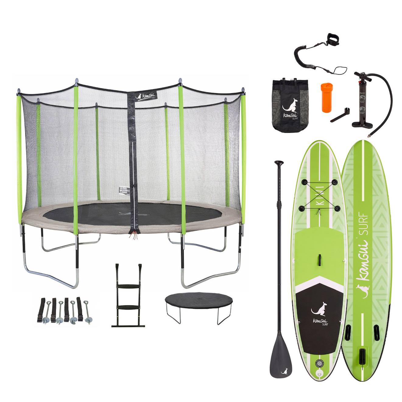 Trampoline 365cm + Filet + Échelle + Bâche + Kit D'ancrage Jumpi Taupe/vert 360 + Paddle Kiwi 320cm Vert