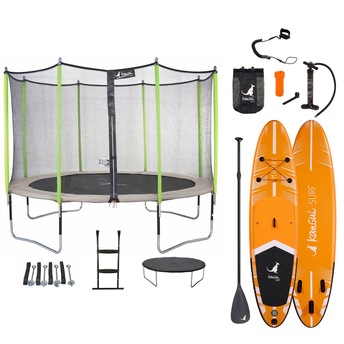 Trampoline 426cm + Filet + Échelle + Bâche + Kit D'ancrage Jumpi Taupe/vert 430 + Paddle Maori 335cm Vert