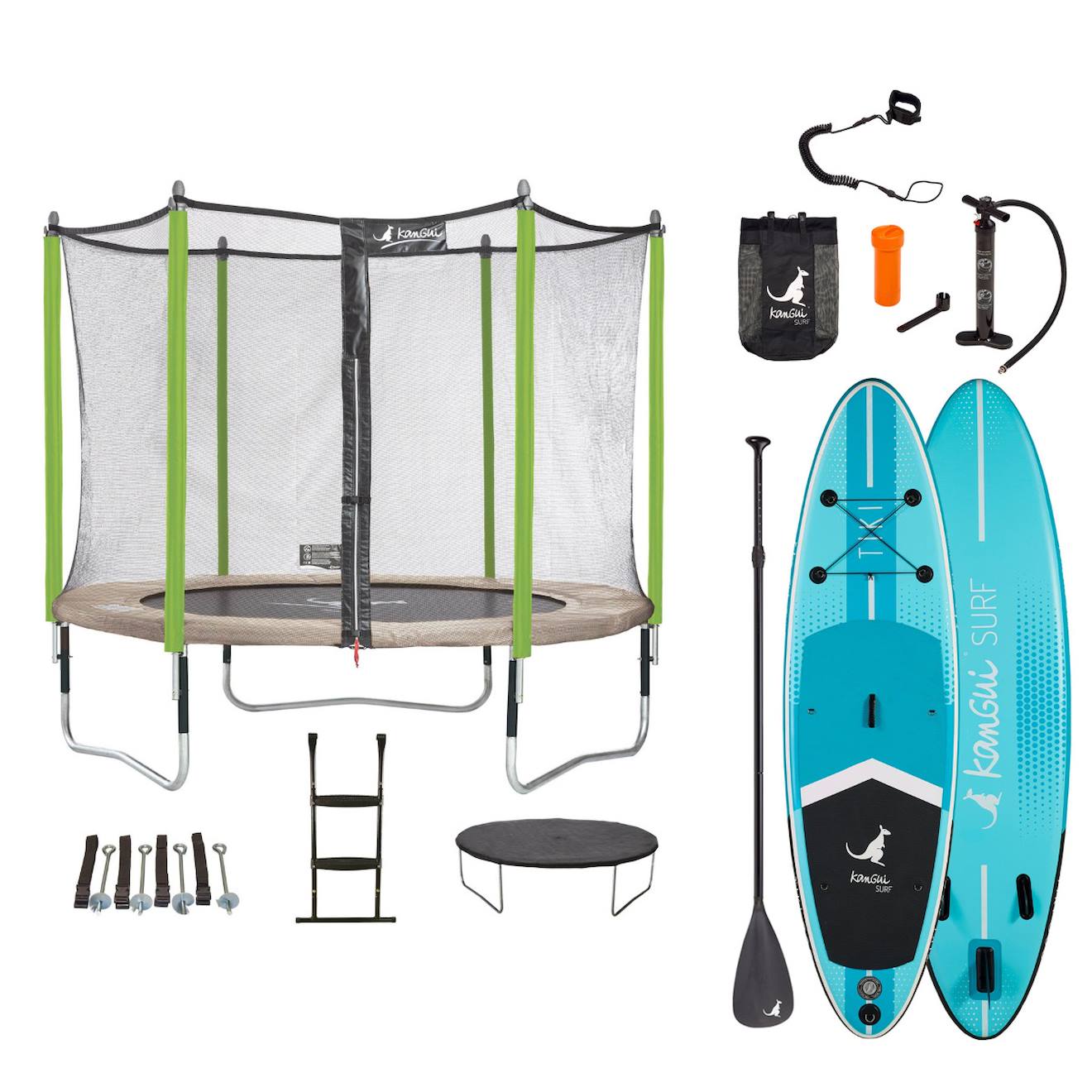 Trampoline 305cm + Filet + Échelle + Bâche + Kit D'ancrage Jumpi Taupe/vert 300 + Paddle Tiki 305cm Vert