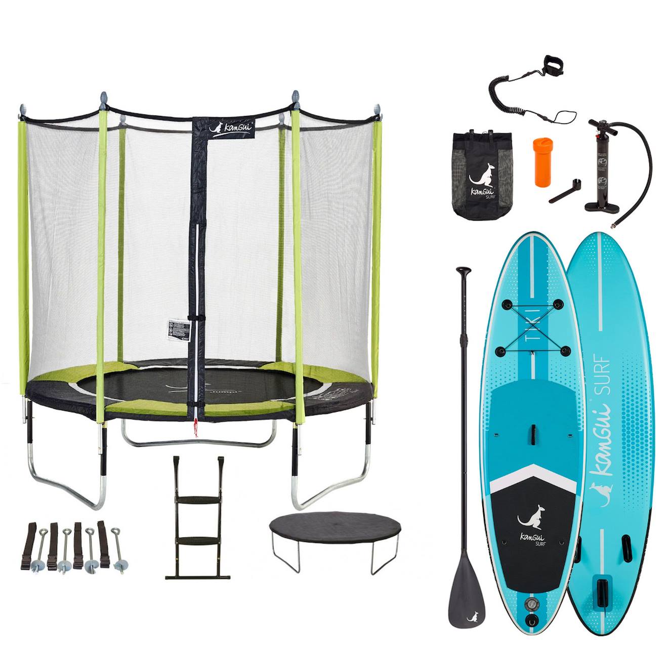 Trampoline 244cm + Filet + Échelle + Bâche + Kit D'ancrage Jumpi Vert/noir 250 + Paddle Tiki 305cm Vert