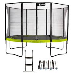 Jouet-Trampoline de jardin rond 430 cm + filet de sécurité + échelle + kit ancrage | punchi vert 430