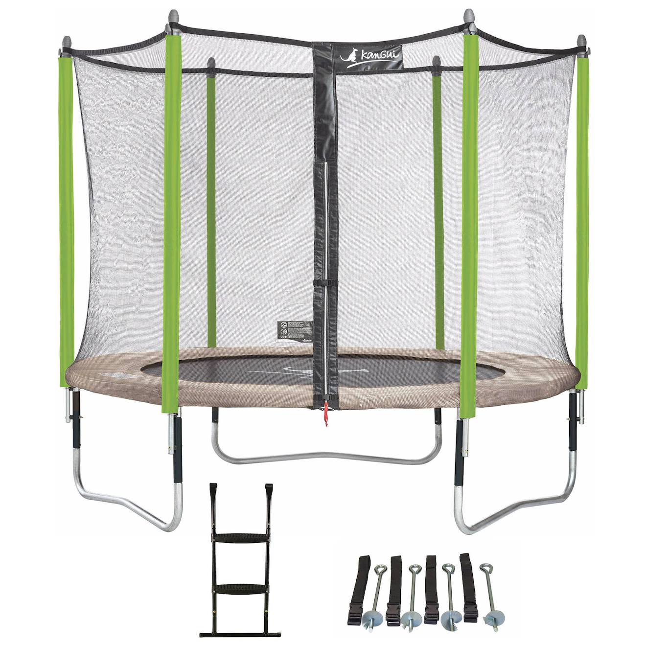 Trampoline De Jardin 305 Cm + Filet De Sécurité + Échelle + Kit D'ancrage Jumpi Taupe/vert 300 Vert