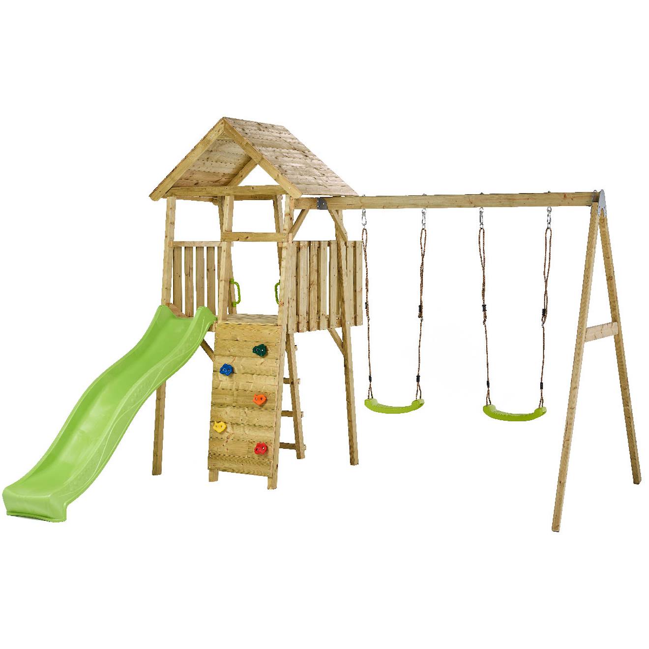 Aire De Jeux Bois, 2 Balançoires, Toboggan, Escalade, Cabane Woodi Marron