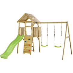 Jouet-Aire de jeux bois, 2 balançoires, toboggan, escalade, cabane woodi