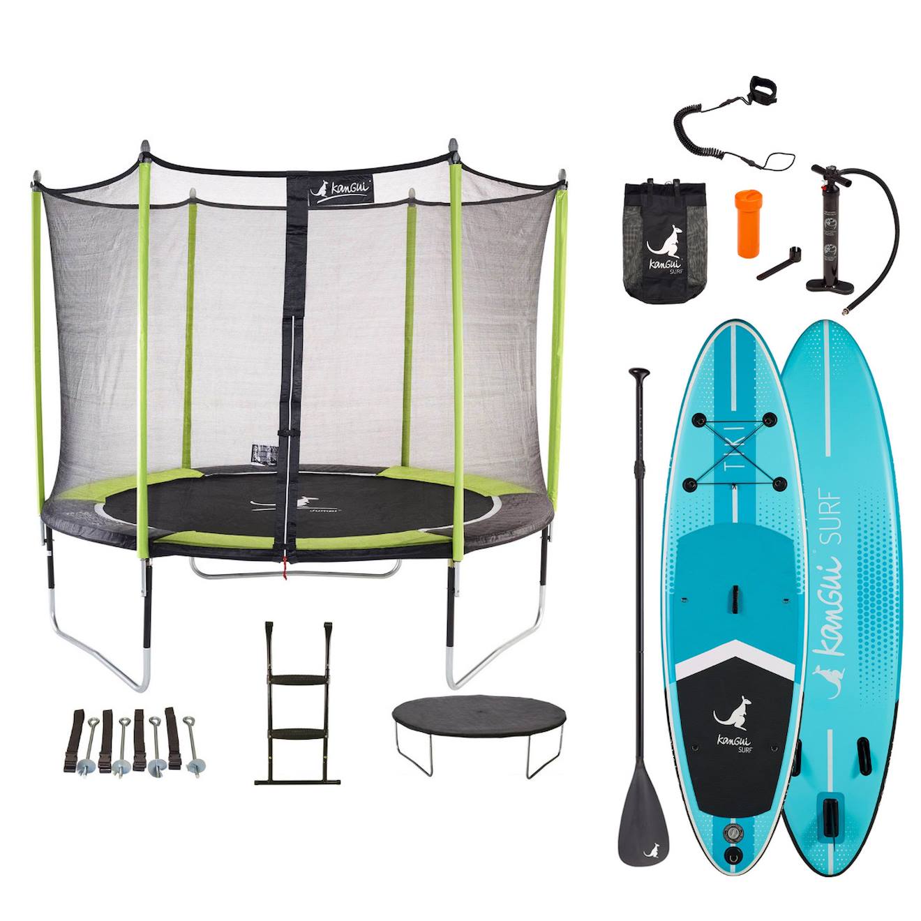 Trampoline 305cm + Filet + Échelle + Bâche + Kit D'ancrage Jumpi Vert/noir 300 + Paddle Tiki 305cm Vert