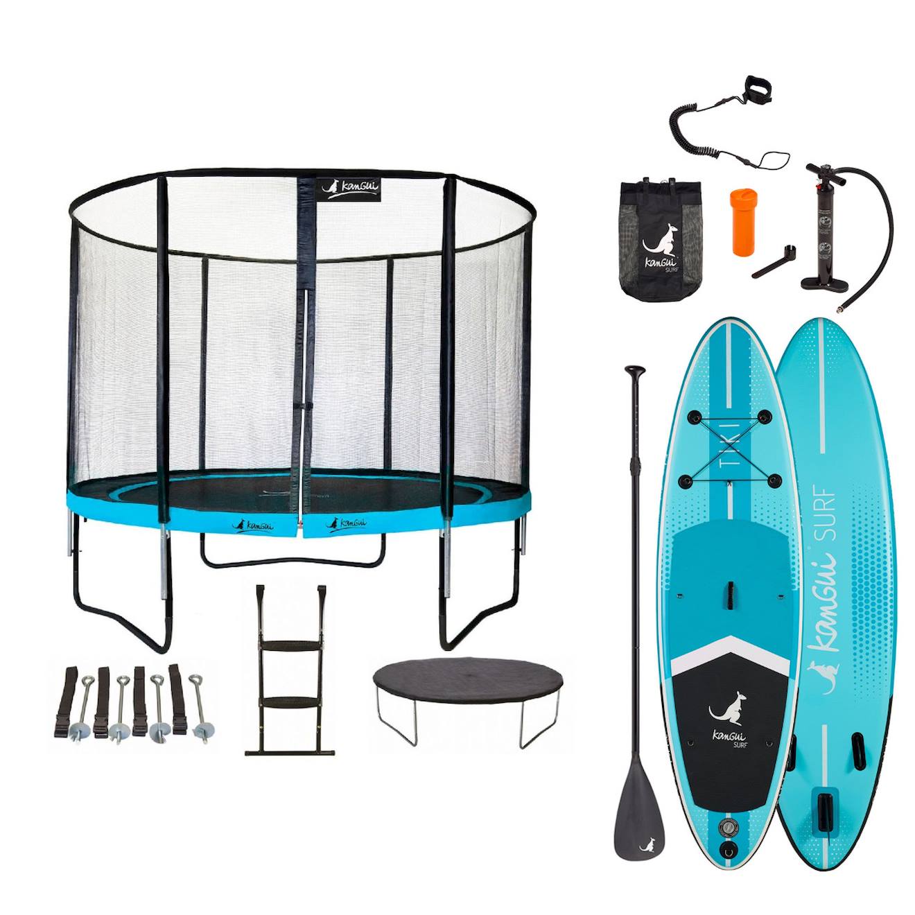 Trampoline 305cm + Filet + Échelle + Bâche + Kit D'ancrage Punchi Bleu 300 + Paddle Tiki 305cm Bleu