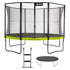 Jouet-Trampoline de jardin rond 430 cm + filet de sécurité + échelle + bâche de protection | punchi vert 430