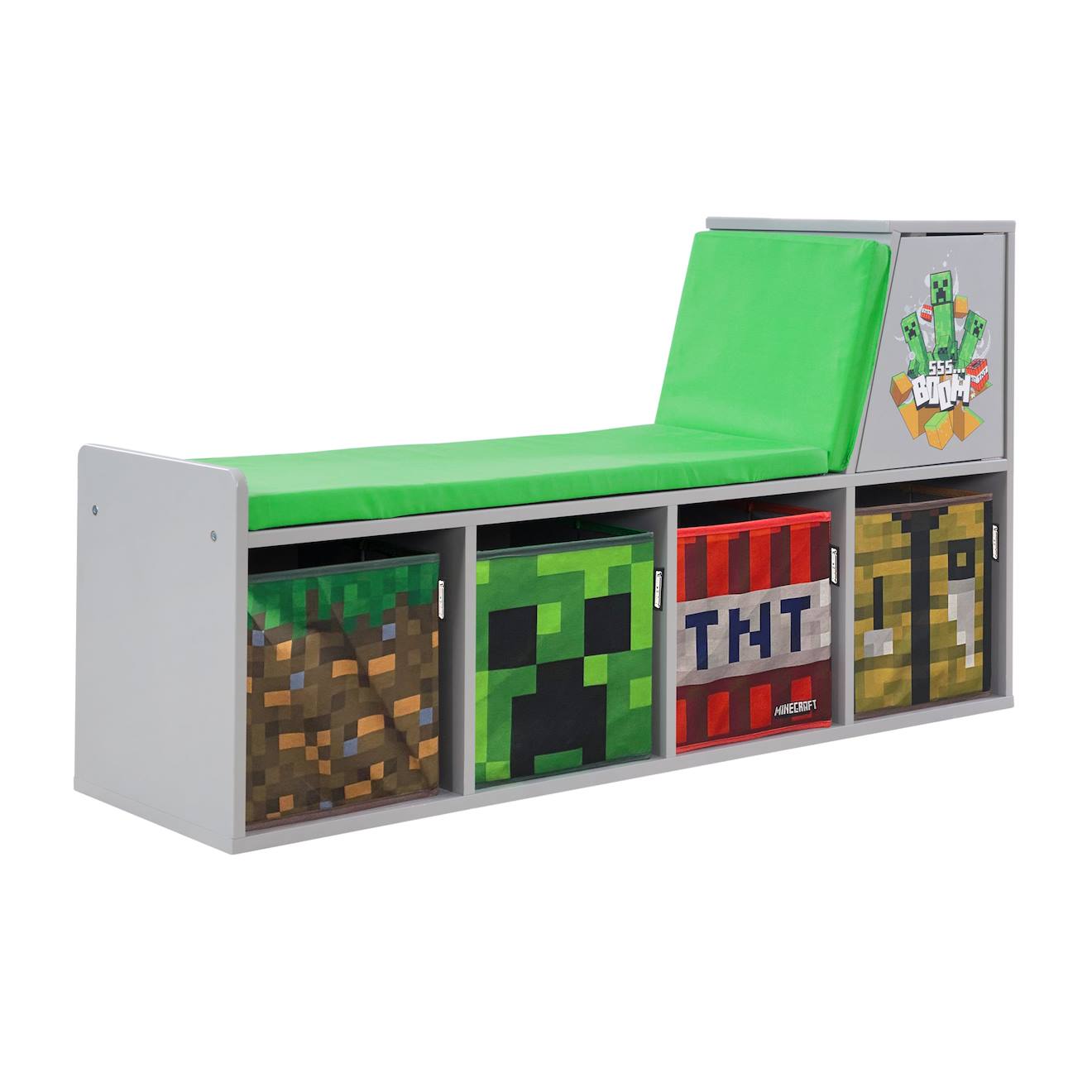 Banc De Rangement Avec 2 Coussins Et 4 Bacs De Rangement Gris - Motif Minecraft