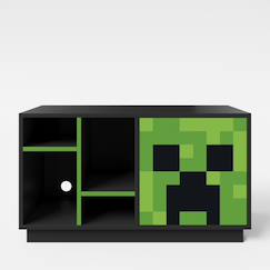 Puériculture-Meuble tv minecraft avec led et passage de câbles - 4 niches et porte