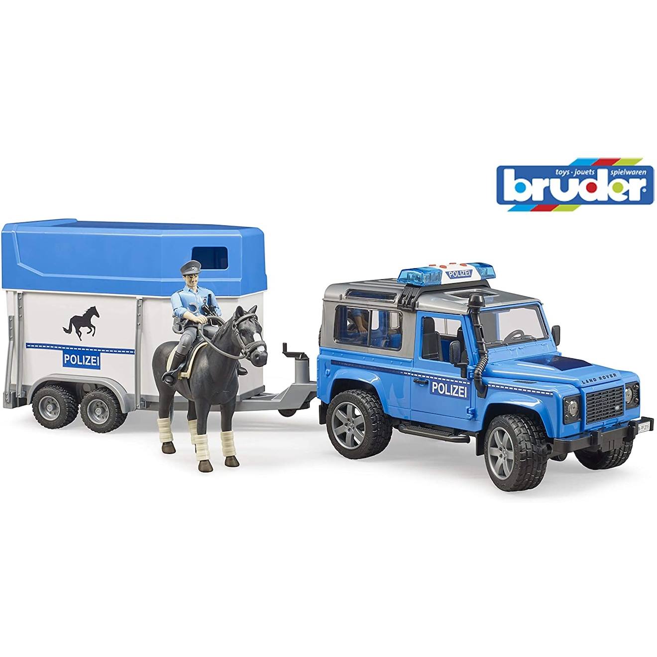 Véhicule De Police Land Rover Defender Avec Remorque Pour Chevaux Bleu