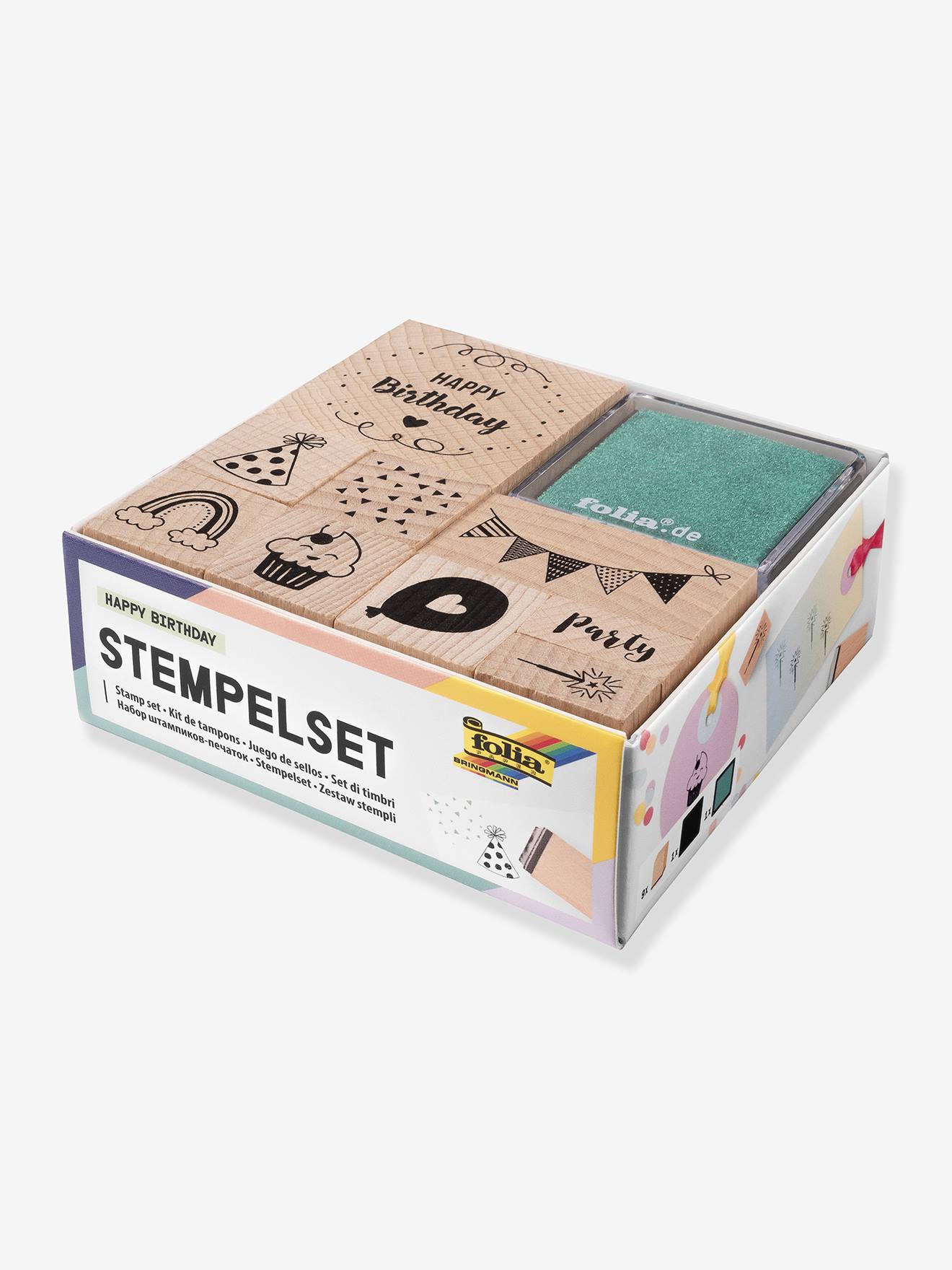Set de tampons en bois HAPPY BIRTHDAY folia, 9 tampons + 2 encres bois