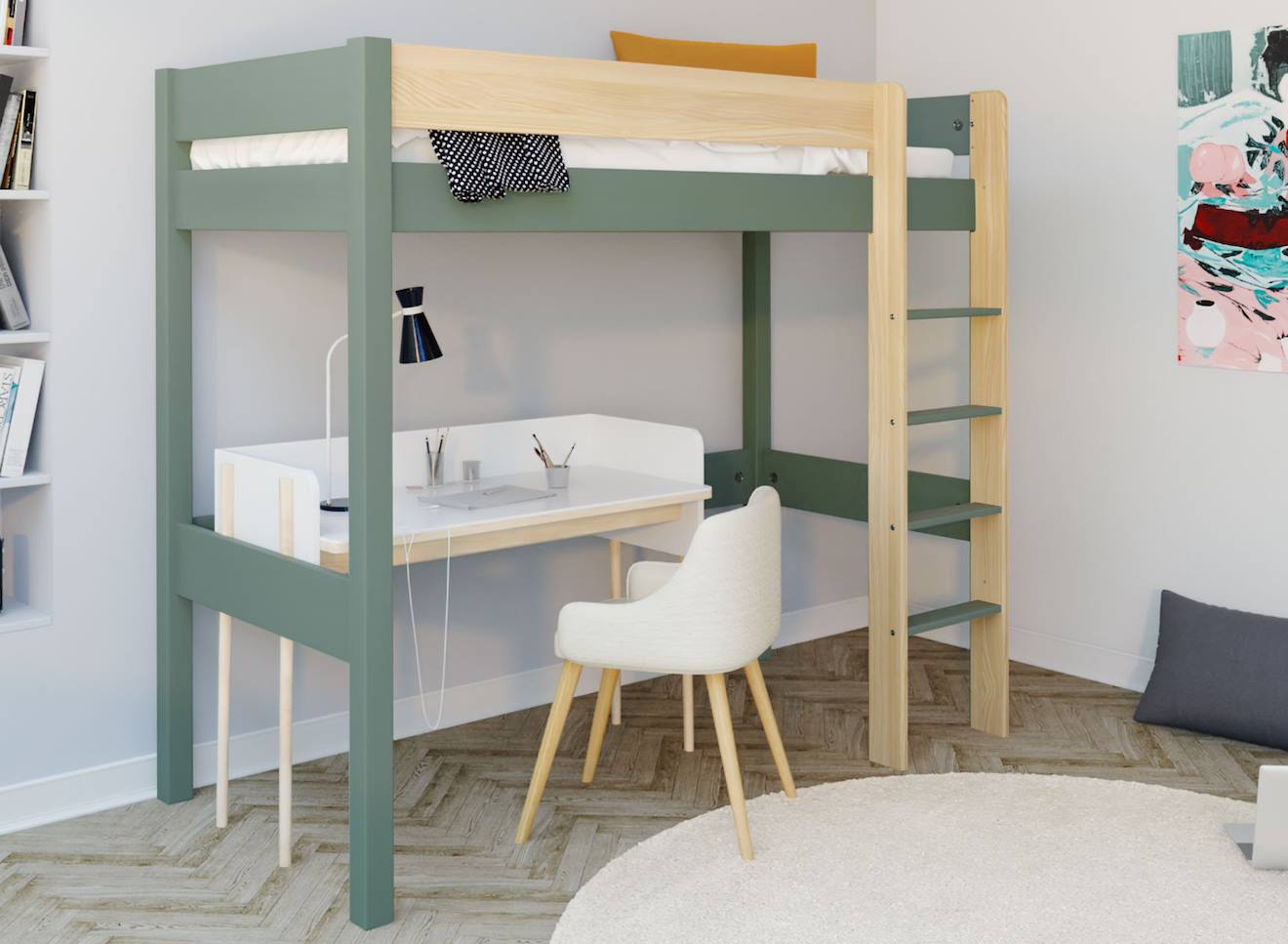 Lit Mezzanine Landes Kaki Et Bois Massif