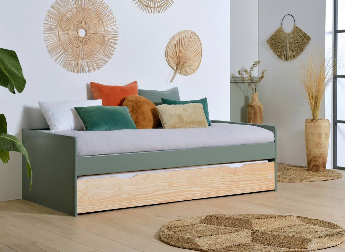Lit Banquette Gigogne Landes Kaki Et Bois Massif