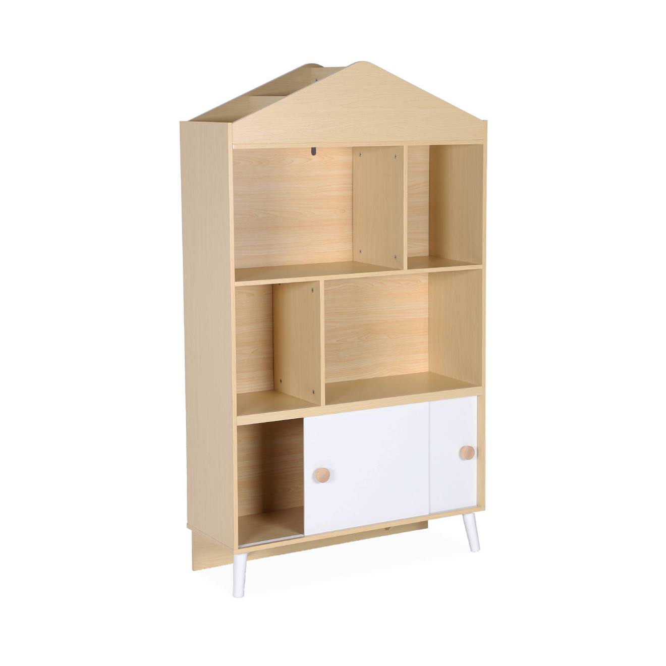 Bibliothèque Enfant Décor Bois 2 Portes 5 Étagères Edgar Blanc Et Naturel