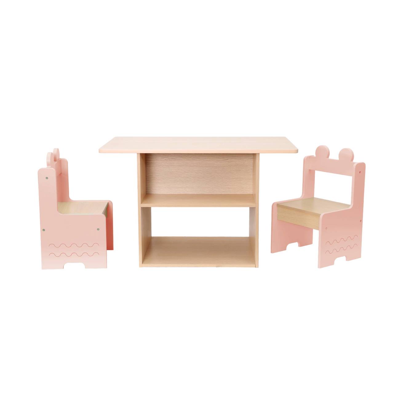 Table Enfant Décor Bois 1 Étagère 2 Chaises Azur Rose