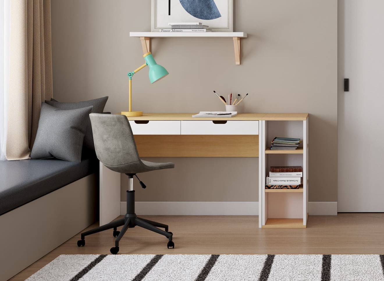Bureau Avec Caisson Milor Blanc & Bois