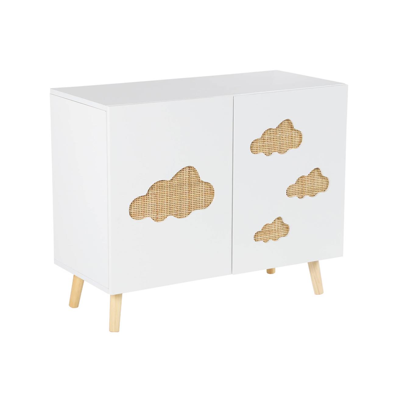 Commode Enfant 2 Portes Avec Nuages En Cannage Nephos Blanc