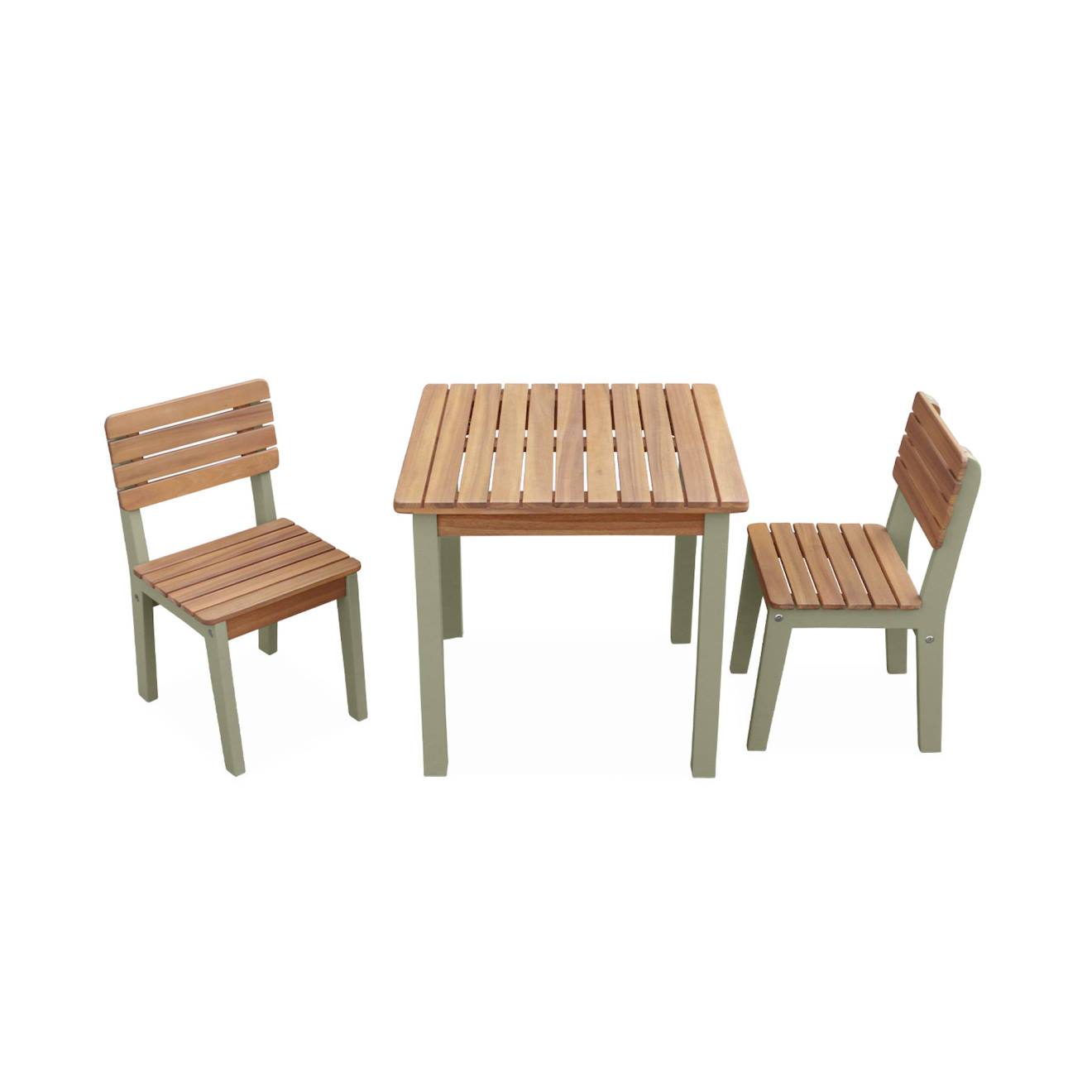 Table De Jardin Enfant Intérieur/extérieur Bois D'acacia 2 Chaises Caroline Vert De Gris
