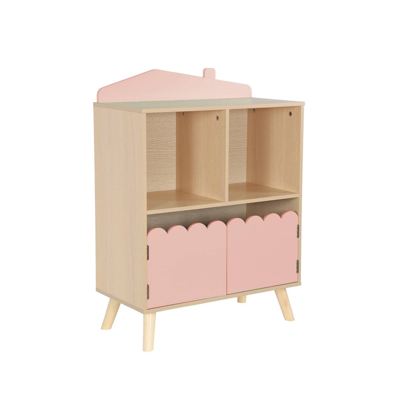 Bibliothèque Enfant Décor Bois 2 Étagères 2 Portes Azur Rose