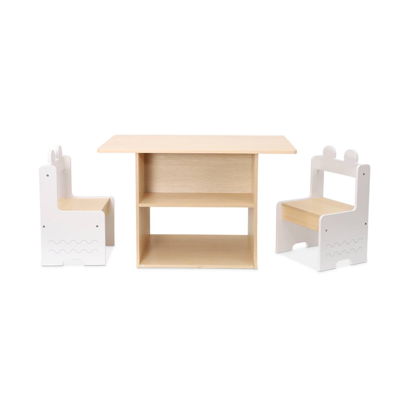 Table Enfant Décor Bois 1 Étagère 2 Chaises Azur Blanc
