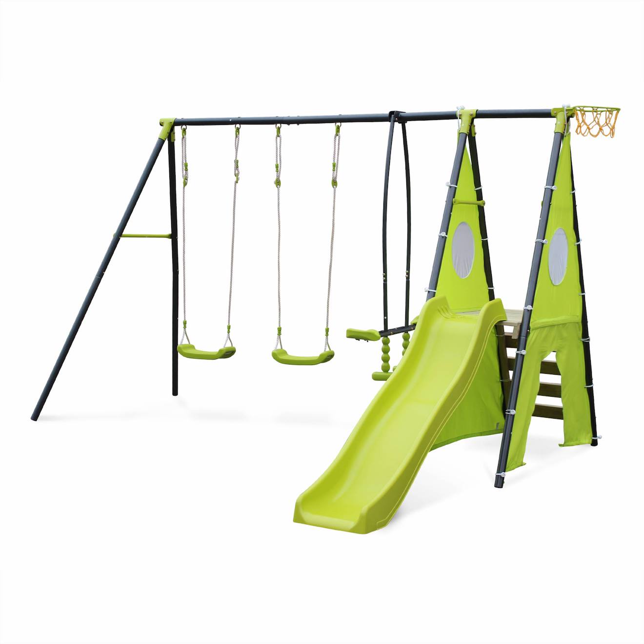 Portique Balançoires, Face À Face, Toboggan Libeccio Vert