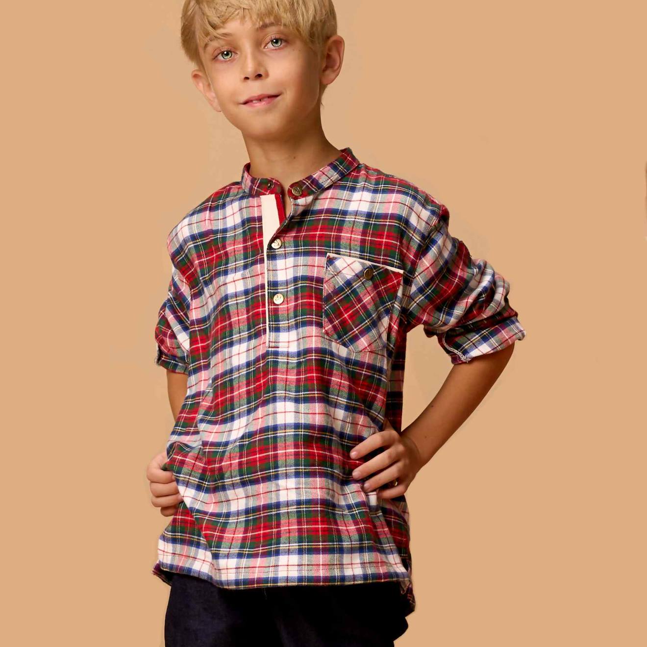 Chemise Flanelle Carreaux Tartan Col Mao Rimbaud Rouge Noir