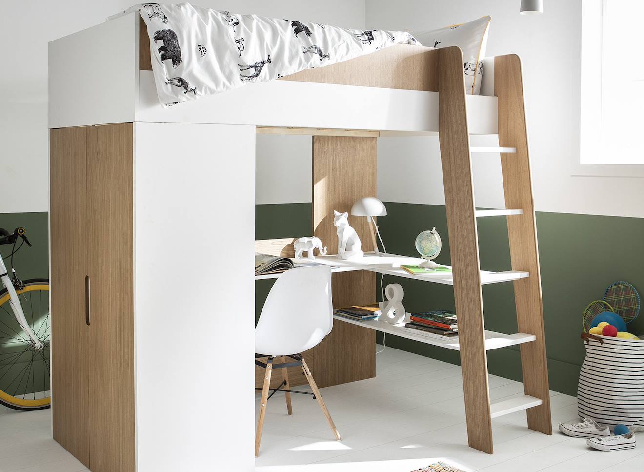 Lit Mezzanine + Armoire & Bureau Opus Blanc Et Bois