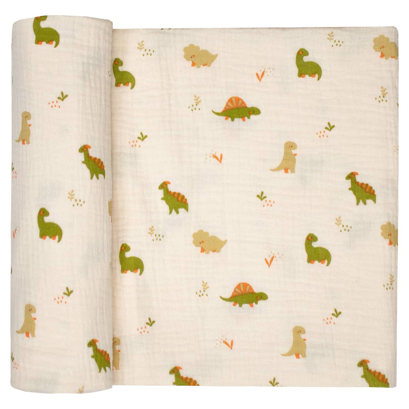 Maxi Lange En Gaze De Coton Dino Dinosaures, Écru, Vert
