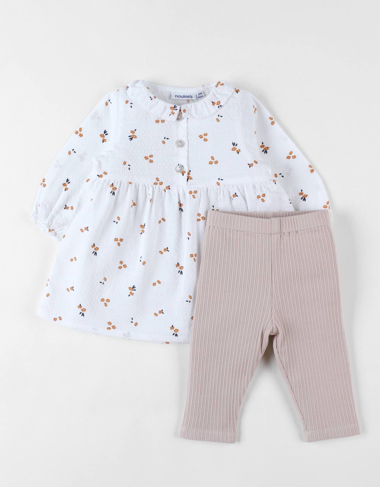 Ensemble Robe Imprimé Fleuri + Legging En Jersey Côtelé Ecru