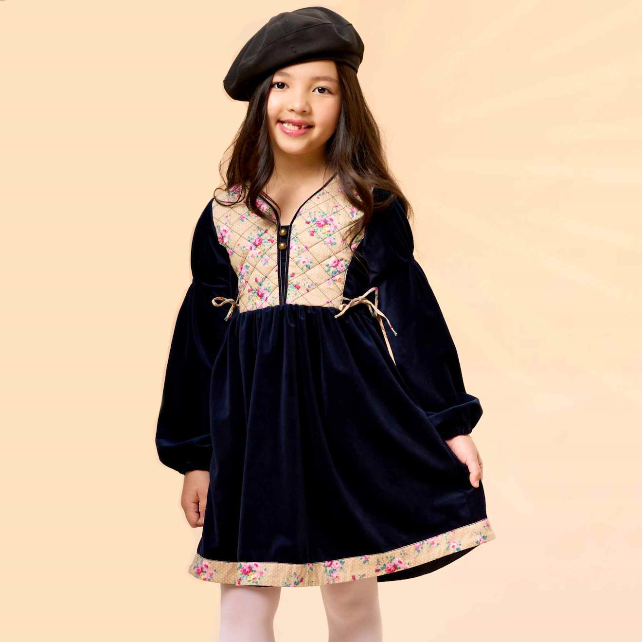 Robe Hiver Velours Fleurie Margot Bleu Marine Beige Rose