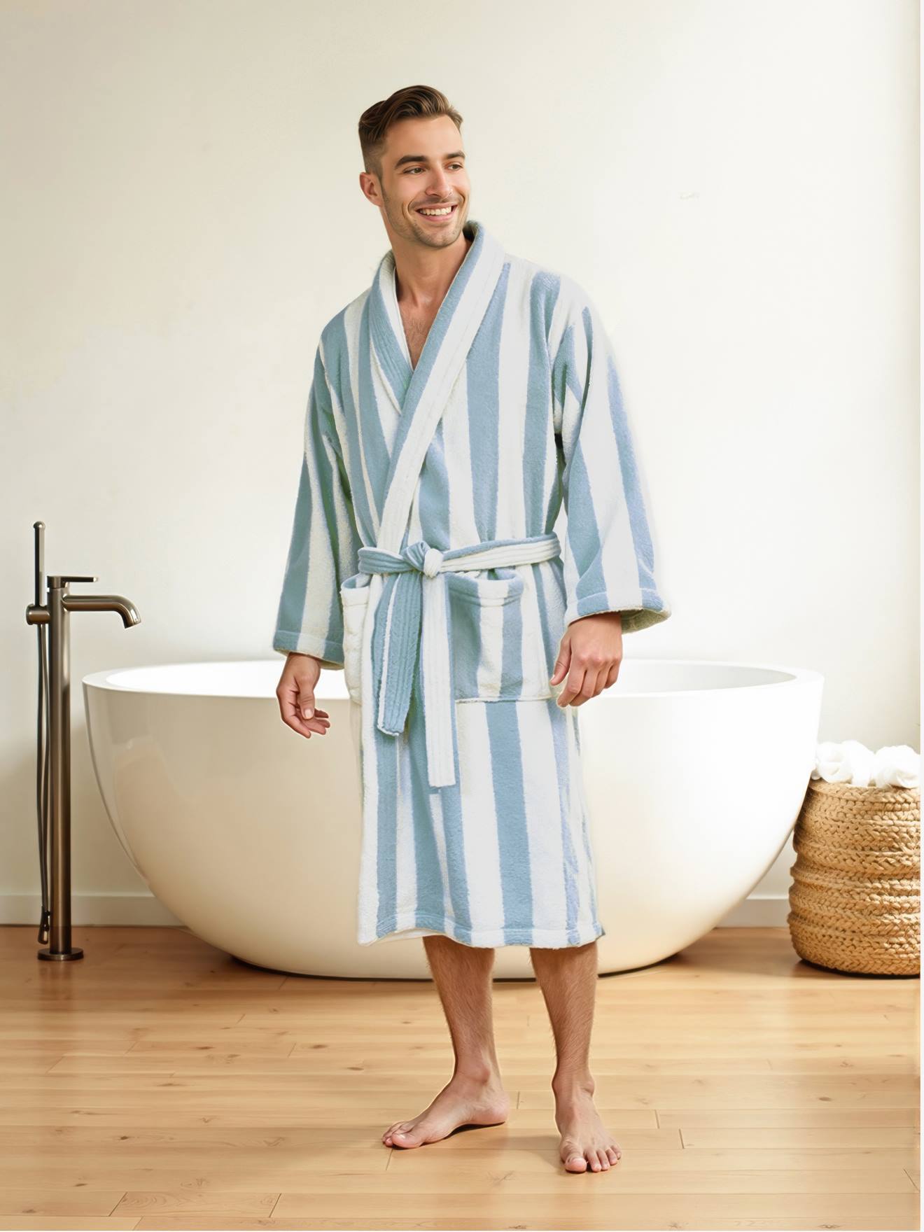 Peignoir de bain adulte mixte rayures TRANSAT capsule famille personnalisable, avec coton recyclé rayé bleu