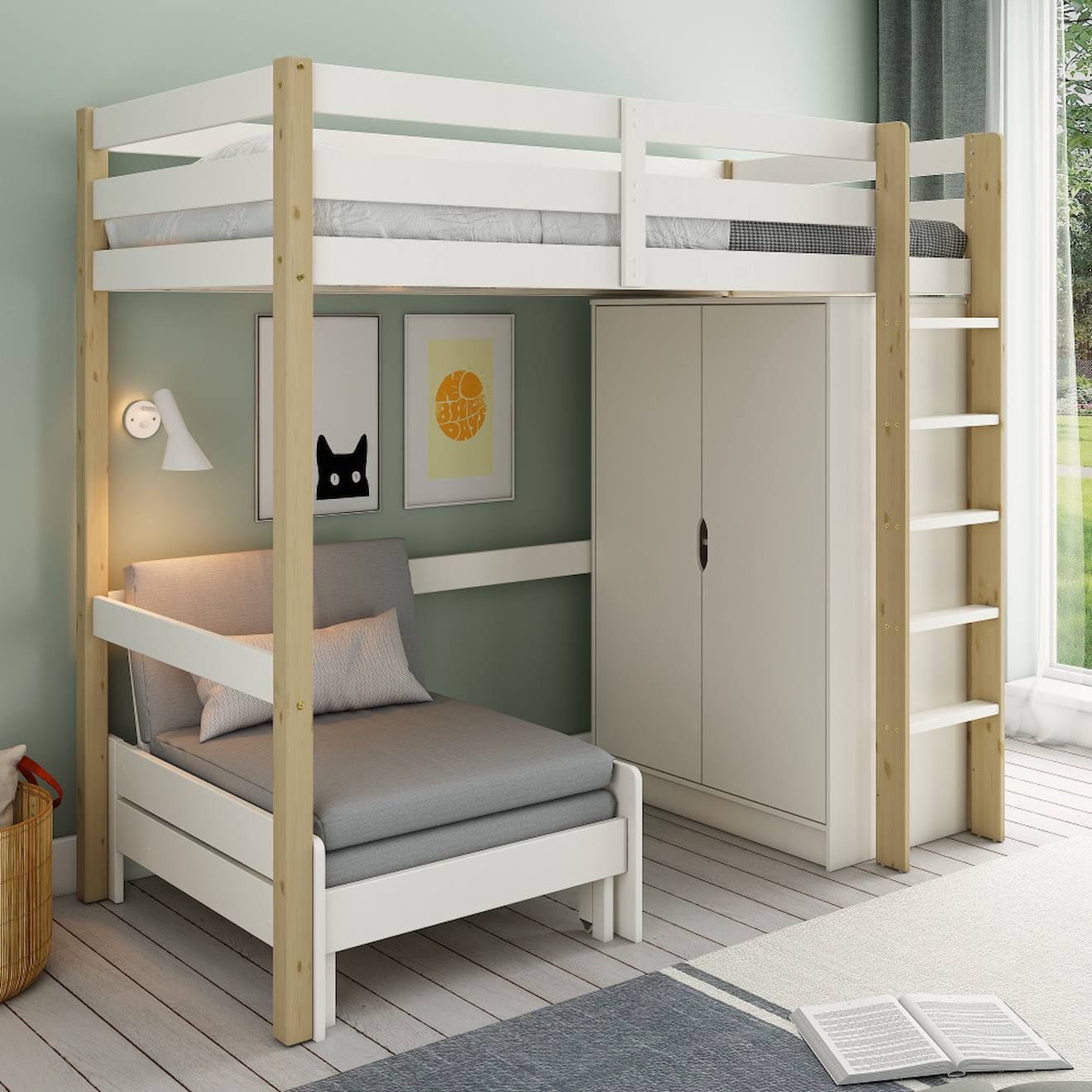 Lit Mezzanine Avec Armoire Et Fauteuil Convertible Arthur Blanc-bois