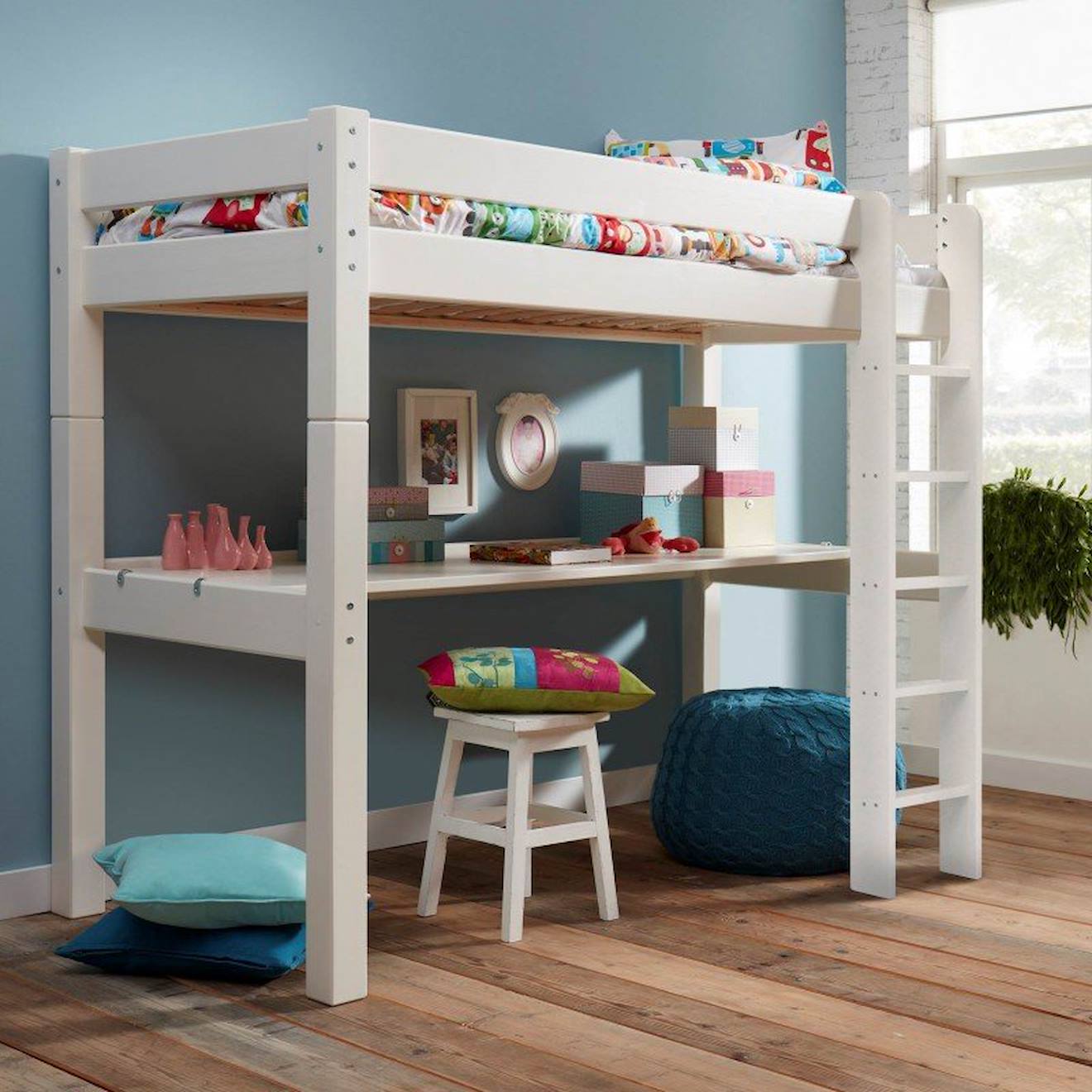 Lit Mezzanine Échelle Droite Et Bureau Pin Massif Lilja Blanc