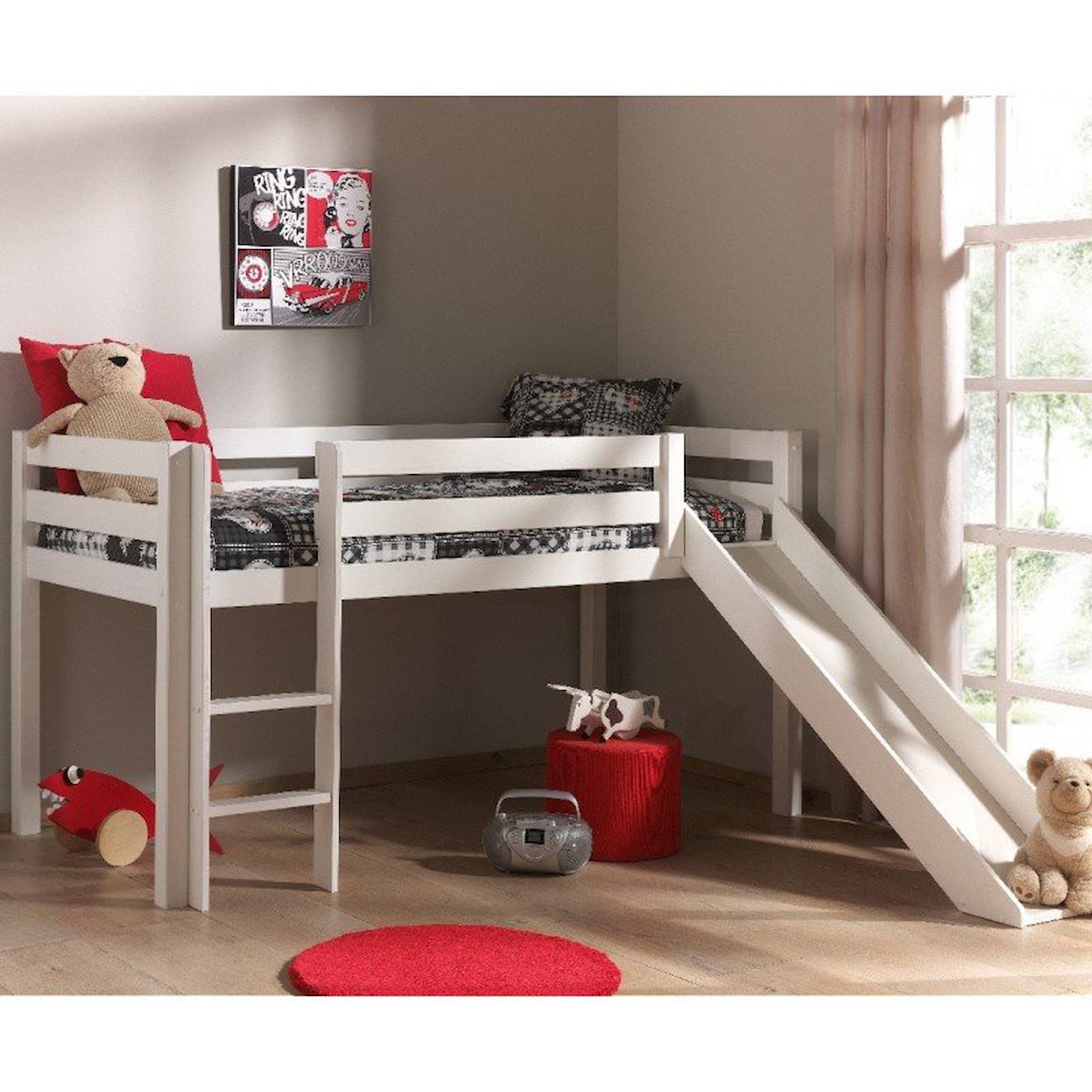 Lit Mi-hauteur Avec Toboggan En Pin Massif Naturel Armance & Faustin Blanc