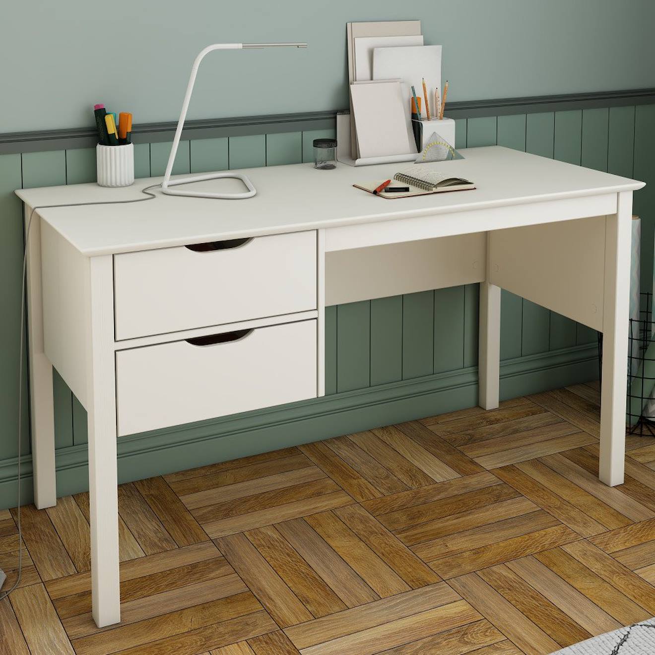 Bureau À Deux Tiroirs Pin Massif Leopold Blanc