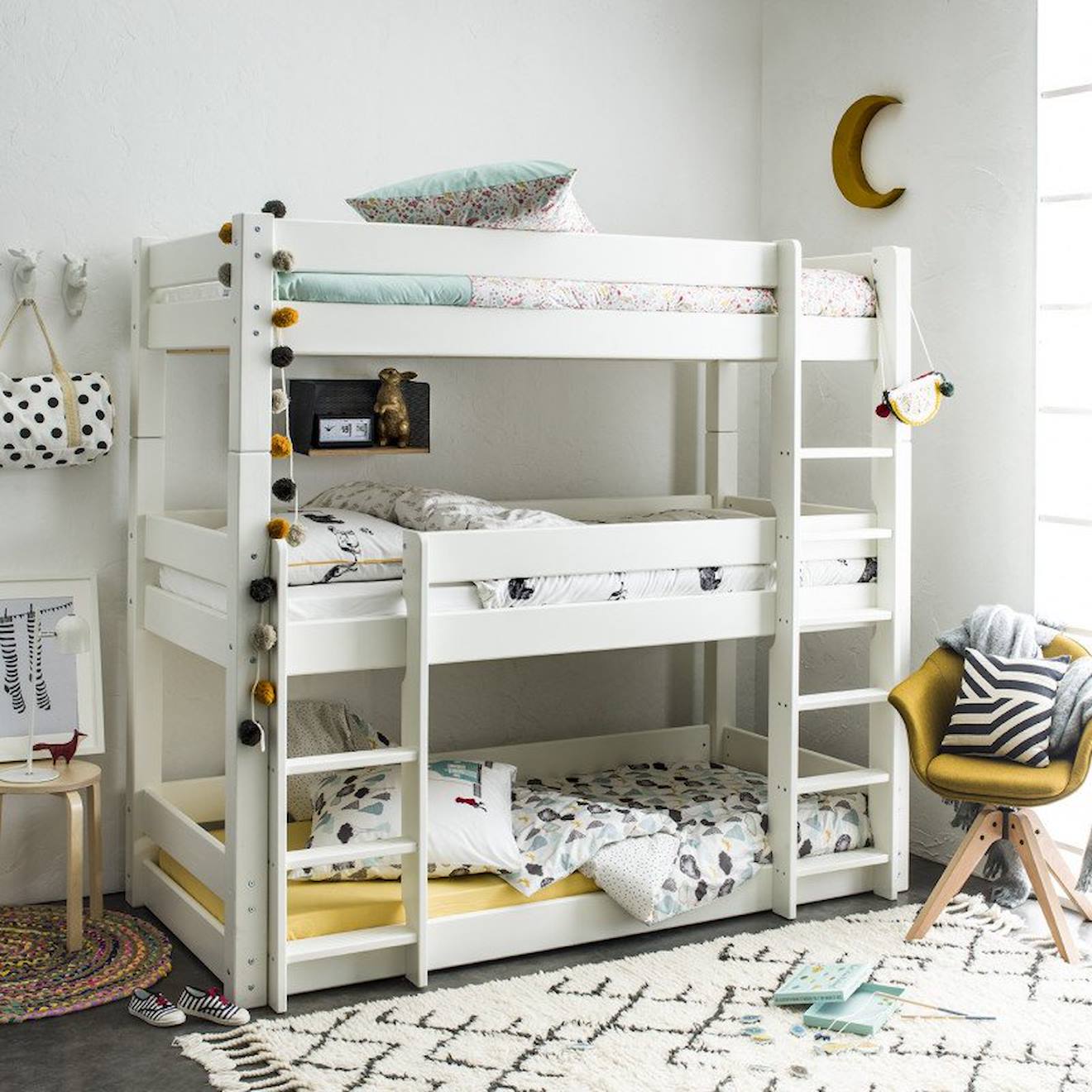 Lit Superposé Triple Pin Massif Lilja Blanc