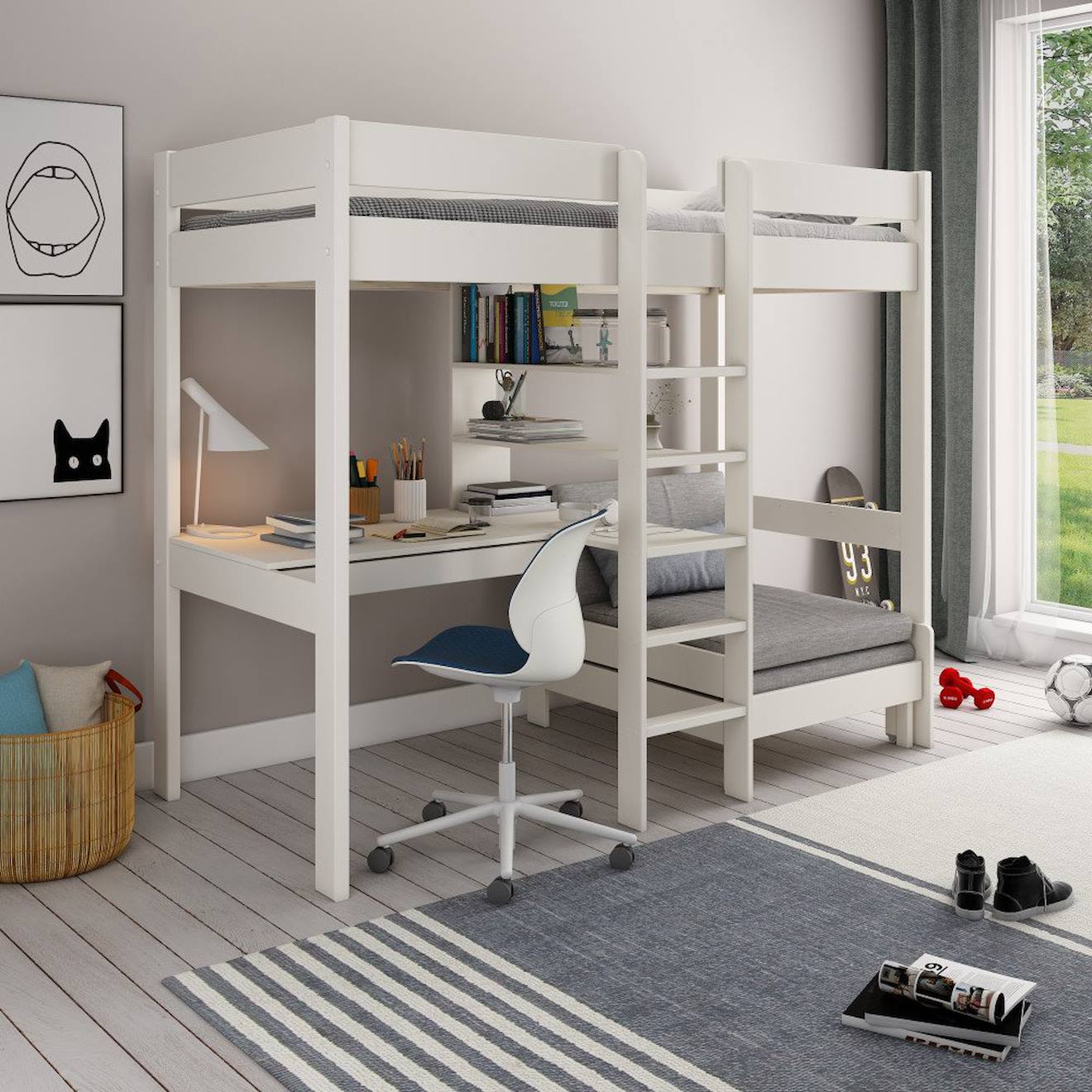 Lit Mezzanine Avec Bureau Et Chauffeuse Pin Massif Basile Blanc