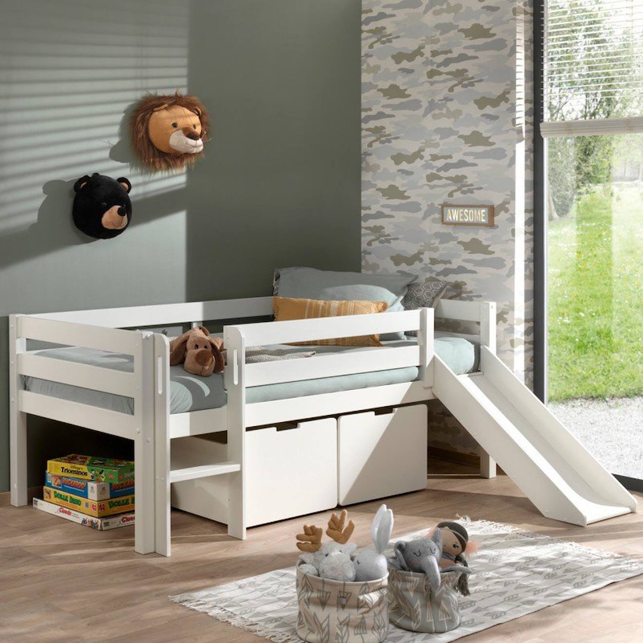 Lit Mi-hauteur Pin Massif Avec Toboggan Et Tiroirs Armance & Faustin Blanc