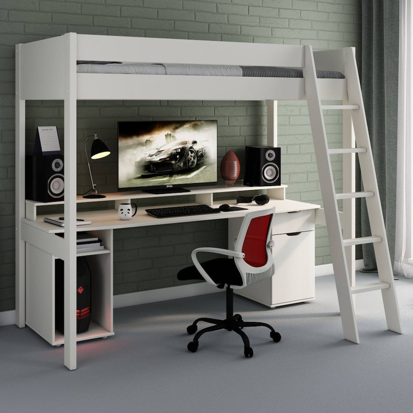 Lit Mezzanine Avec Bureau Pin Massif Edouard Blanc