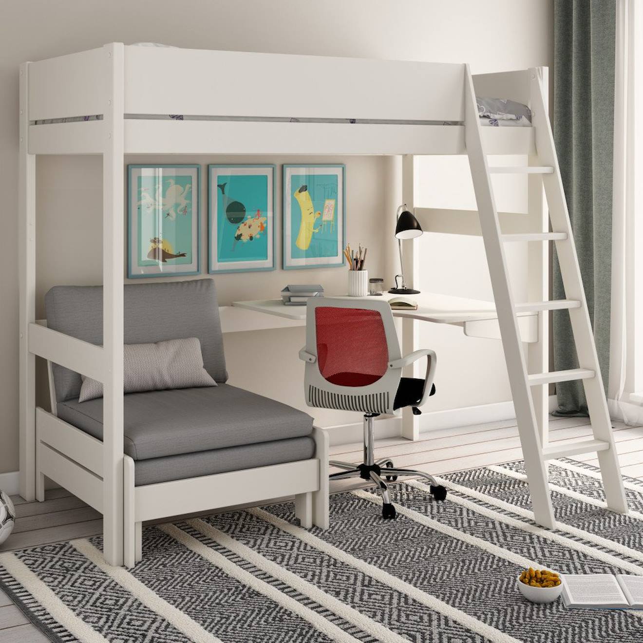 Lit Mezzanine Avec Bureau Et Chauffeuse Pin Massif Colette Blanc
