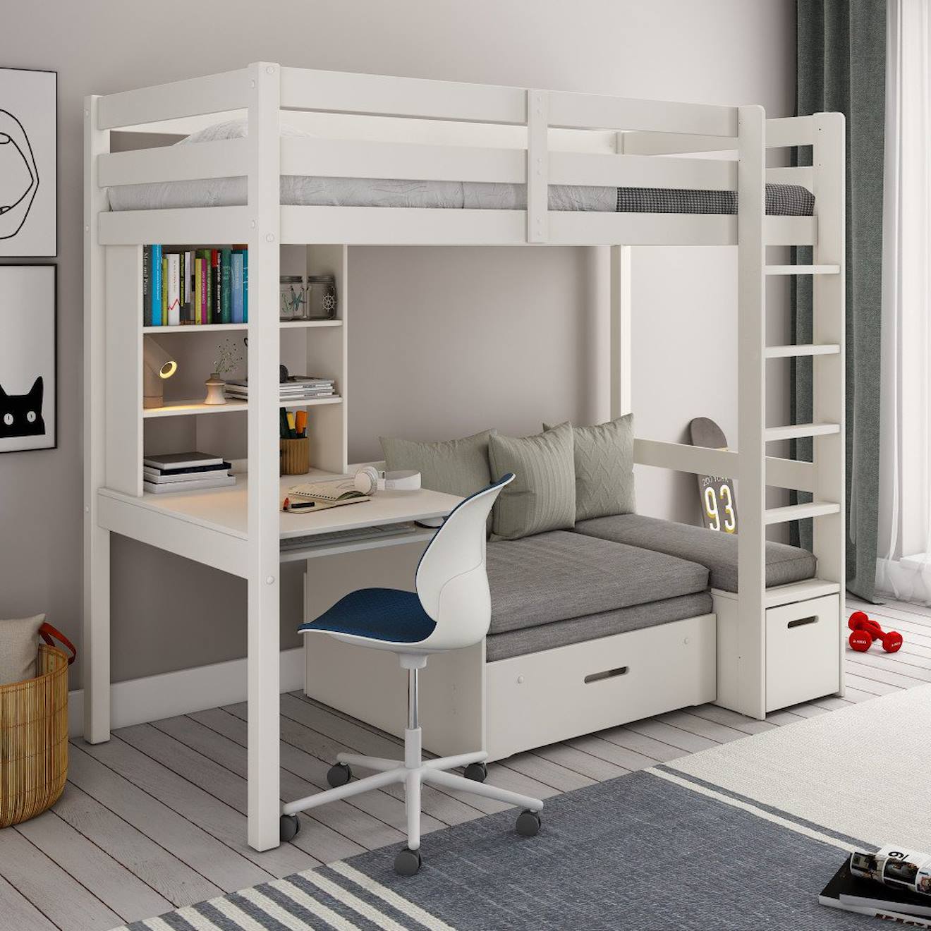 Lit Mezzanine Avec Bureau Et Chauffeuse Pin Massif Arthur Blanc