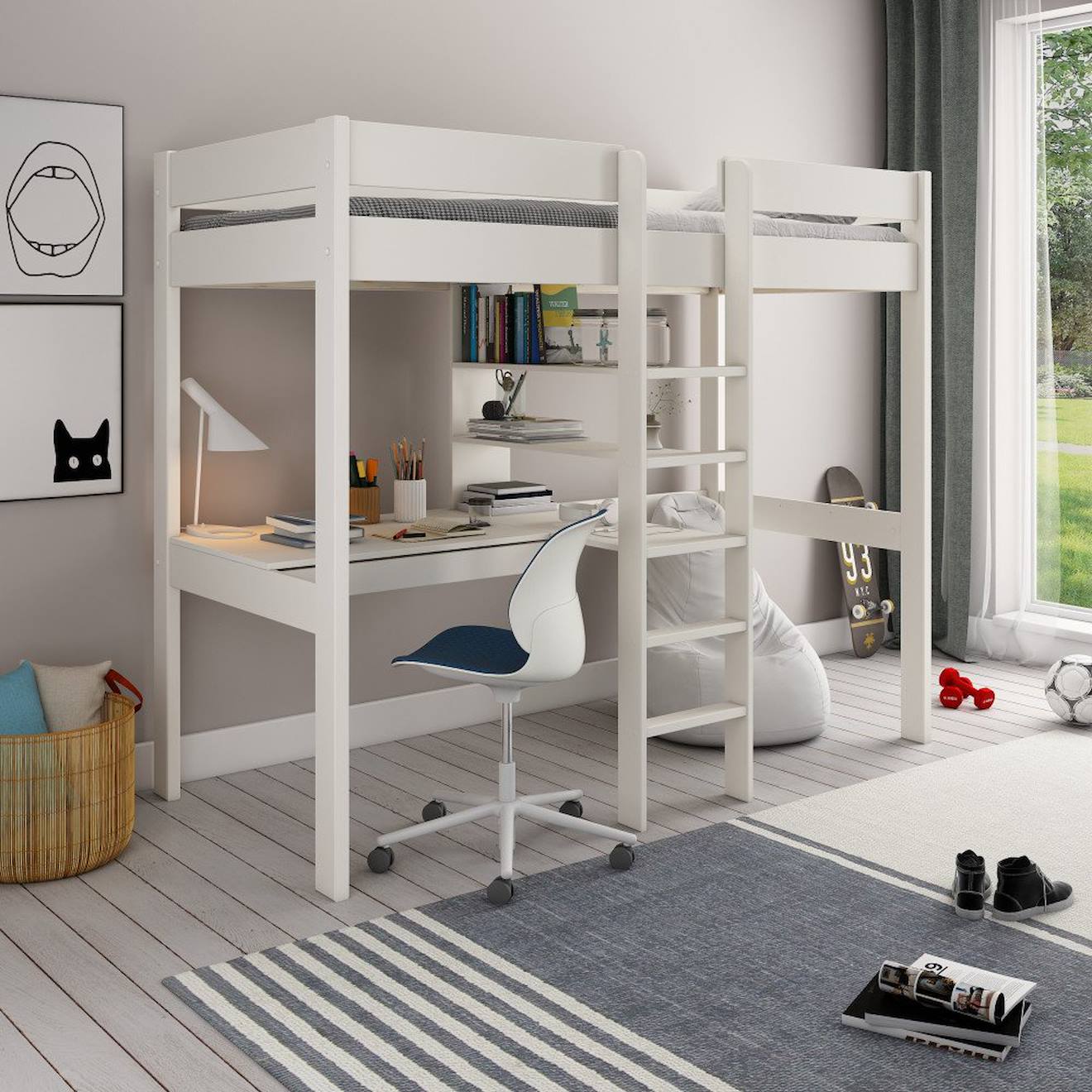 Lit Mezzanine Avec Bureau Pin Massif Basile Blanc