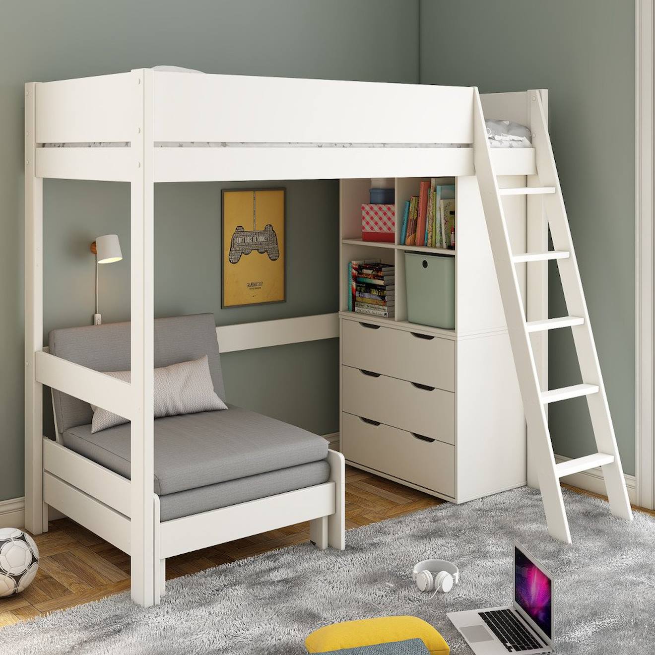 Lit Mezzanine Avec Rangements Et Chauffeuse Pin Massif Colette Blanc