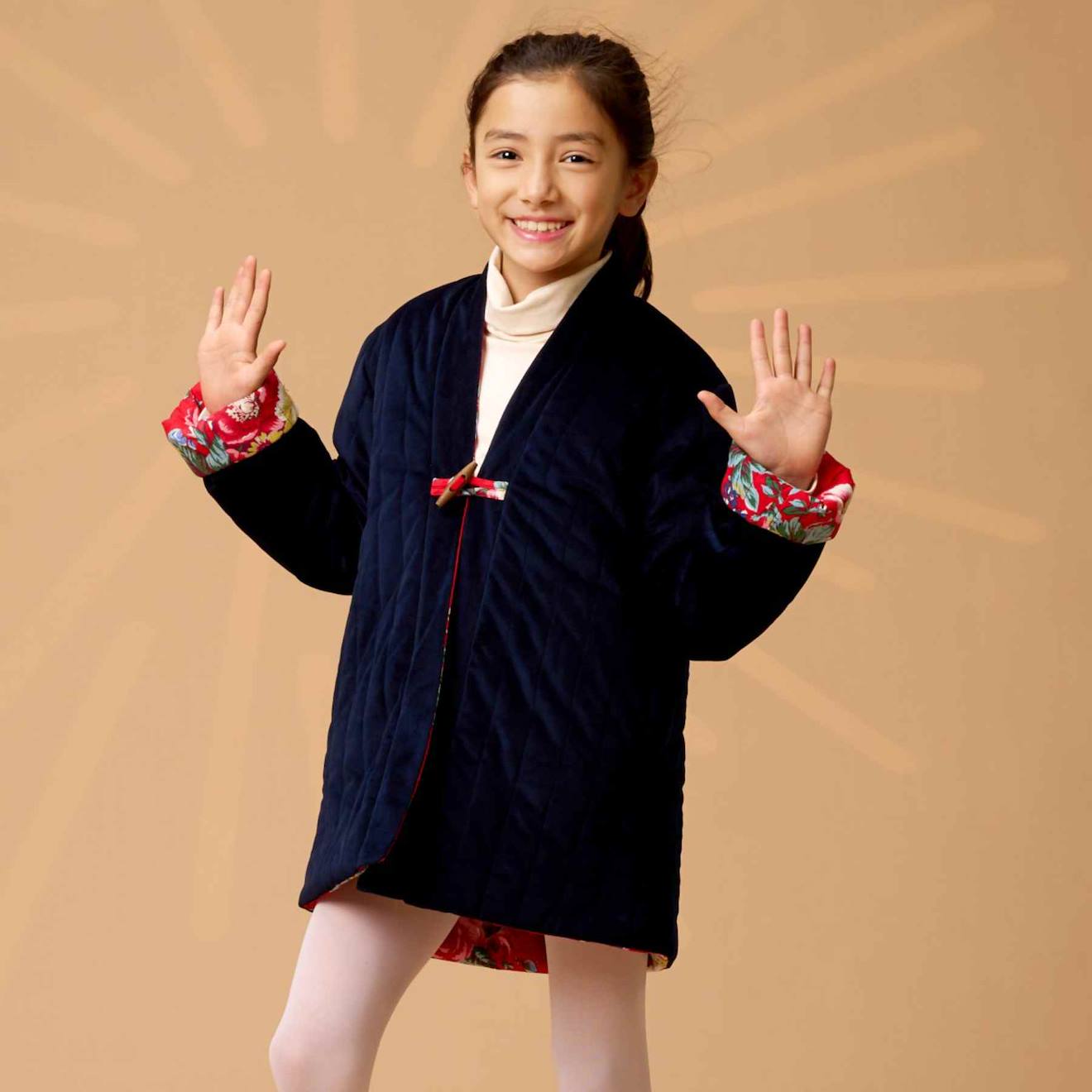 Veste Chinoise Réversible Fleurie Kim Bleu Marine Rouge