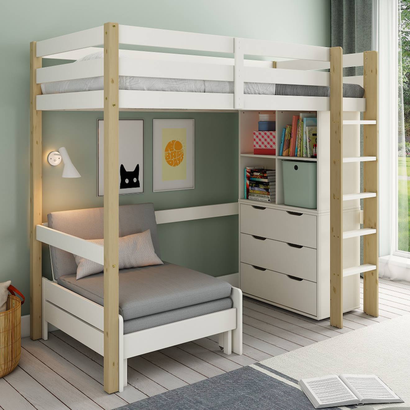 Lit Mezzanine Avec Rangements Et Fauteuil Convertible Arthur Blanc-bois