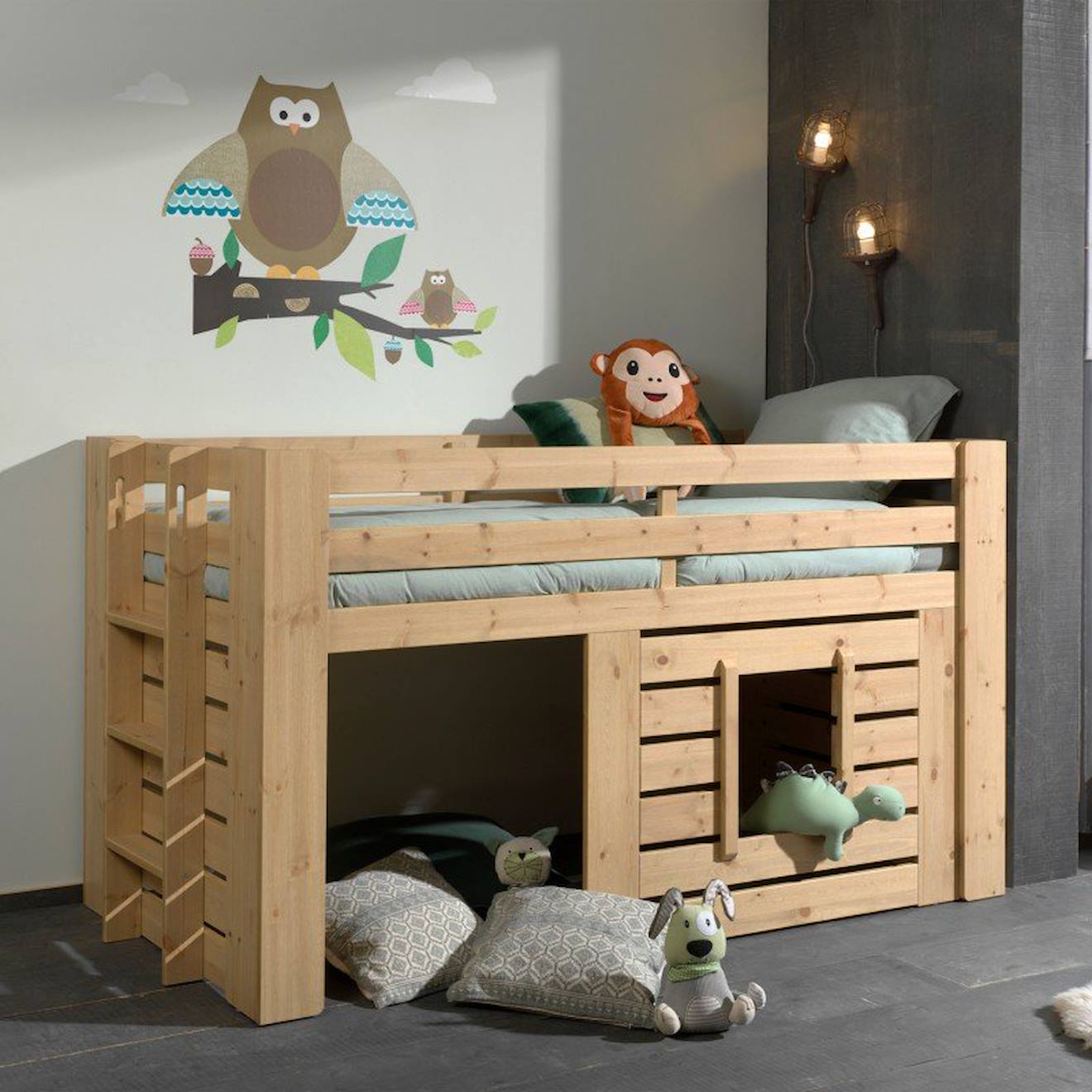 Lit cabane mi-hauteur Hary en pin naturel 90 × 200 cm