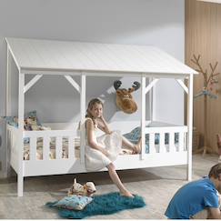 Chambre et rangement-Lit cabane avec barrières et toit imitation bois  henrik