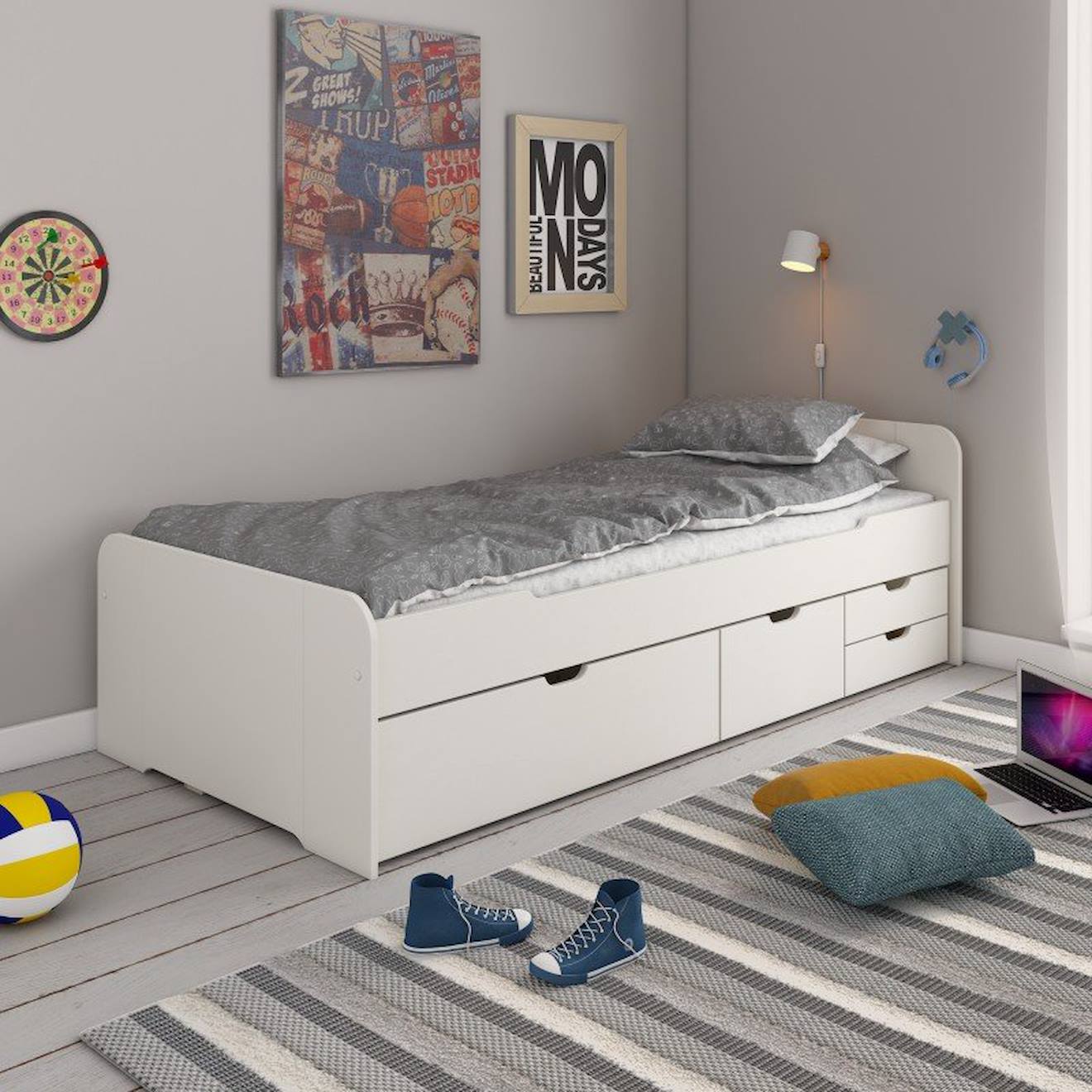 Lit Multi-rangements Pin Massif Basile Blanc
